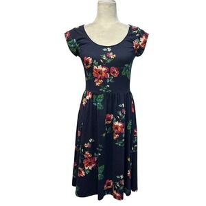 Garnet Hill Womens Size S Navy Blue Floral Knit Fit & Flare Dress Cap Sleeve